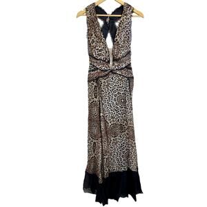 NWT Mandalay Grey Leopard Black Brown Silk Sleeveless Maxi Evening Dress Size 8